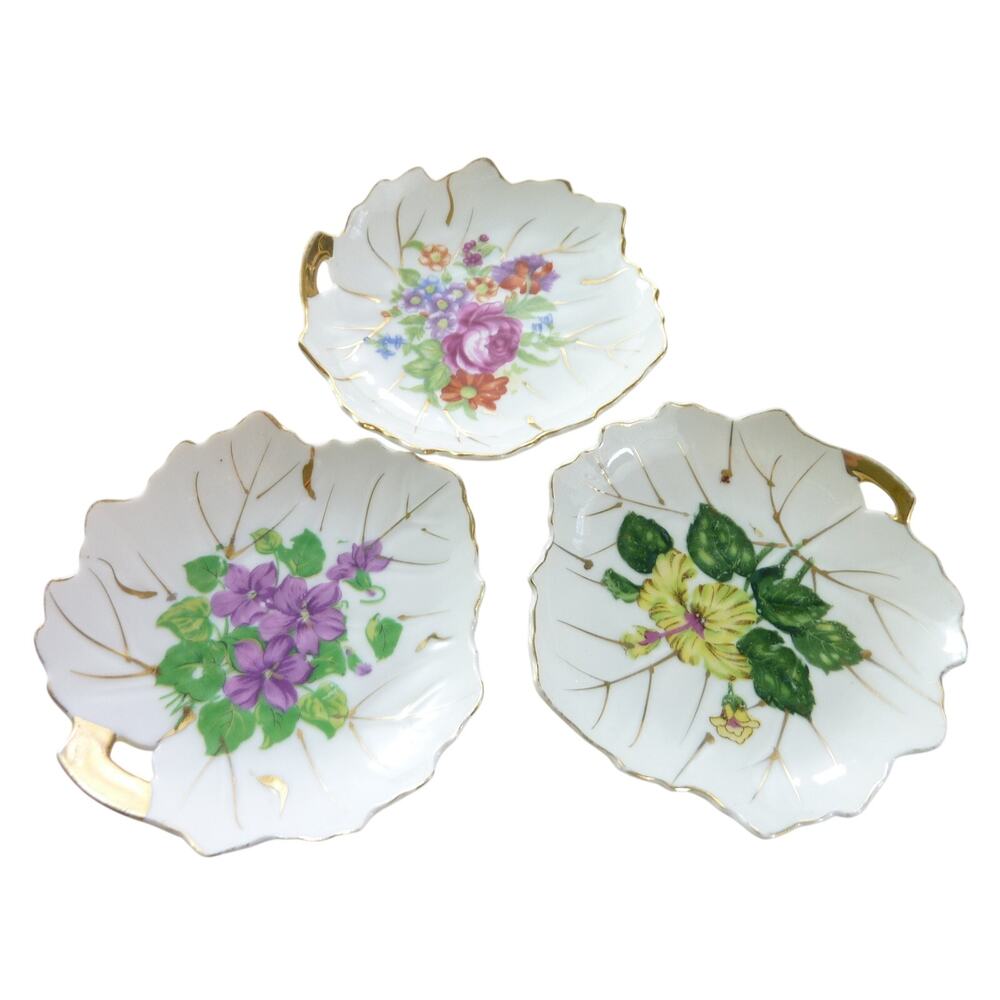 Vintage Viceroy Fine China Leaf Trinket Dish Set Hibiscus Rose Violet Gold Trim